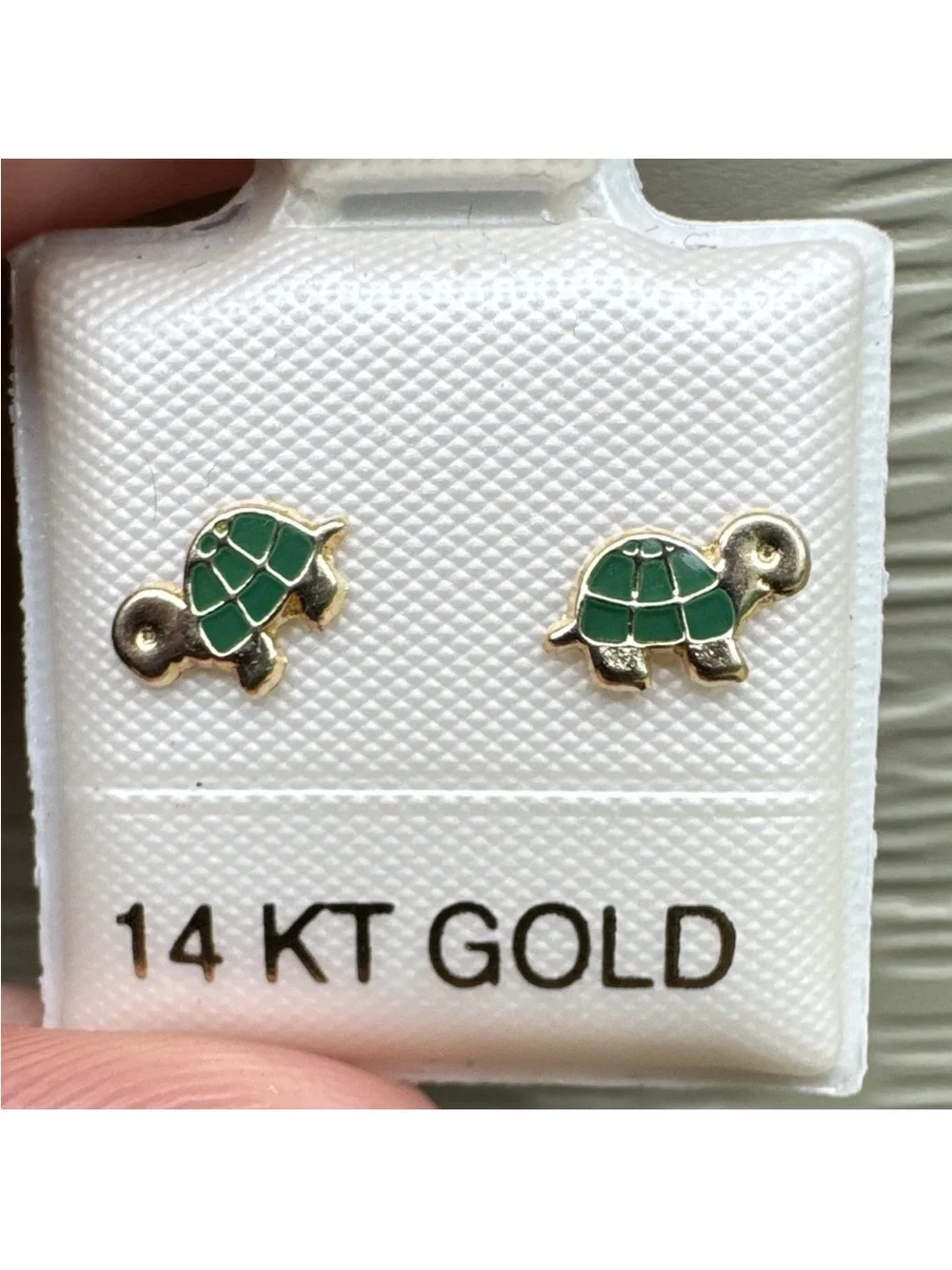 14K Gold Kids Turtle Stud Earrings in Green Enamel